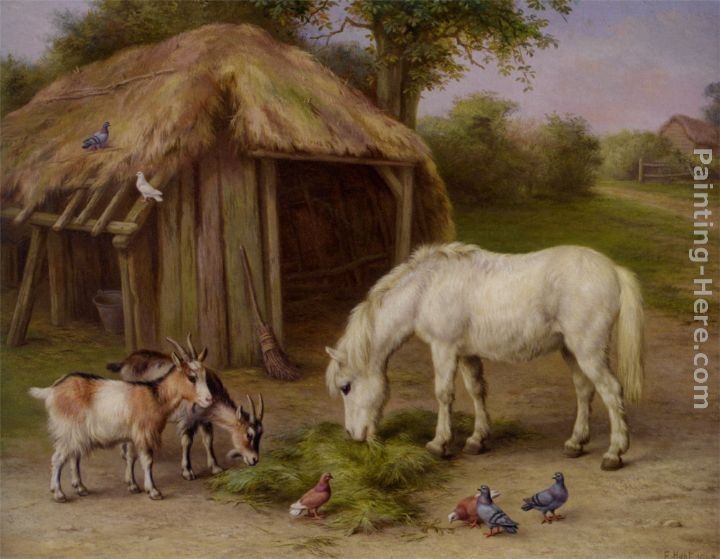 Edgar Hunt Pony and Goats in a Farmyard